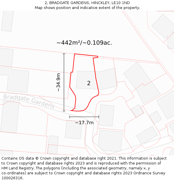 2, BRADGATE GARDENS, HINCKLEY, LE10 1ND: Plot and title map