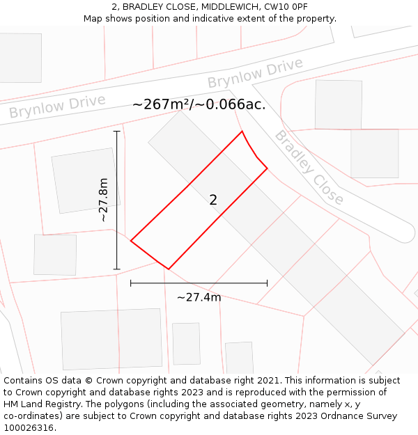 2, BRADLEY CLOSE, MIDDLEWICH, CW10 0PF: Plot and title map
