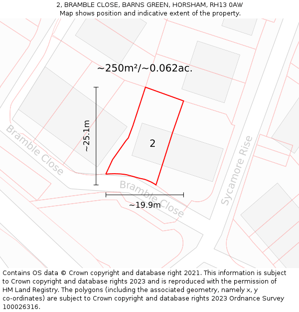 2, BRAMBLE CLOSE, BARNS GREEN, HORSHAM, RH13 0AW: Plot and title map