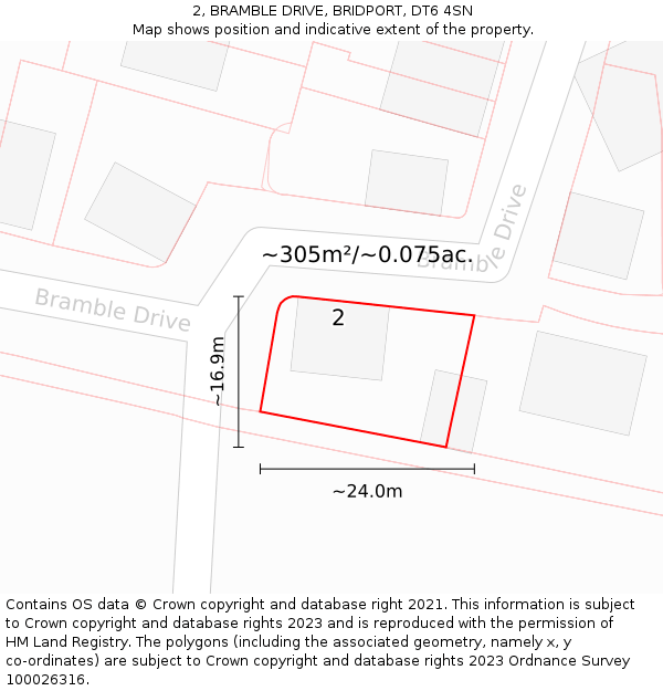 2, BRAMBLE DRIVE, BRIDPORT, DT6 4SN: Plot and title map