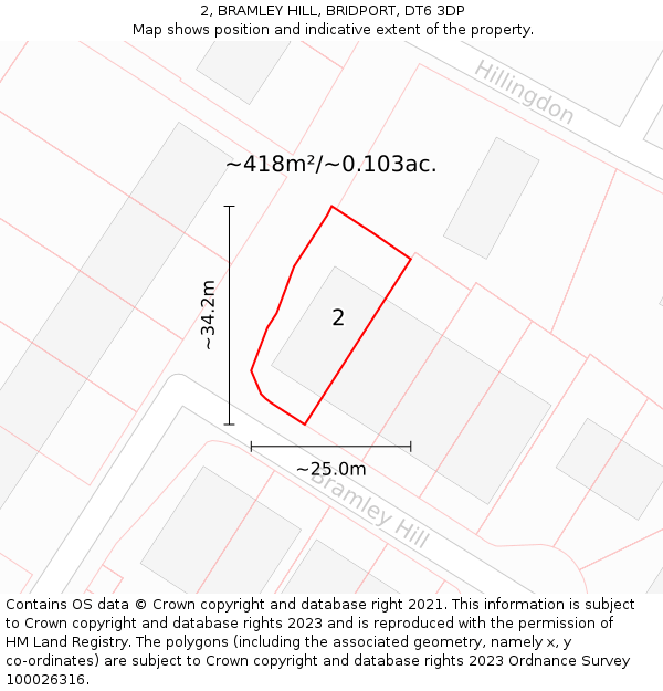 2, BRAMLEY HILL, BRIDPORT, DT6 3DP: Plot and title map