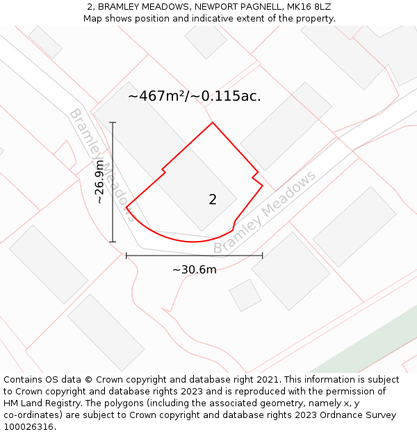 2, BRAMLEY MEADOWS, NEWPORT PAGNELL, MK16 8LZ: Plot and title map