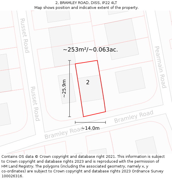 2, BRAMLEY ROAD, DISS, IP22 4LT: Plot and title map