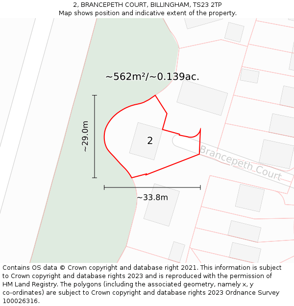 2, BRANCEPETH COURT, BILLINGHAM, TS23 2TP: Plot and title map