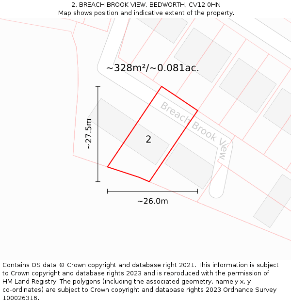 2, BREACH BROOK VIEW, BEDWORTH, CV12 0HN: Plot and title map