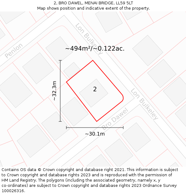 2, BRO DAWEL, MENAI BRIDGE, LL59 5LT: Plot and title map