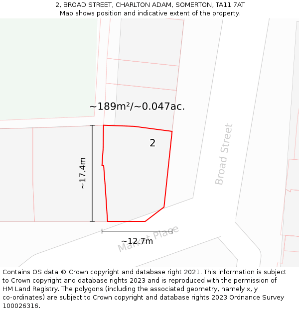 2, BROAD STREET, CHARLTON ADAM, SOMERTON, TA11 7AT: Plot and title map