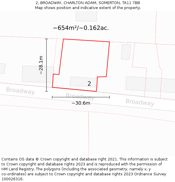 2, BROADWAY, CHARLTON ADAM, SOMERTON, TA11 7BB: Plot and title map