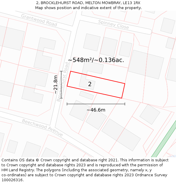 2, BROCKLEHURST ROAD, MELTON MOWBRAY, LE13 1RX: Plot and title map