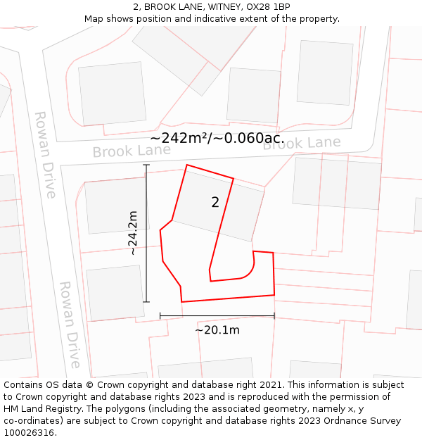 2, BROOK LANE, WITNEY, OX28 1BP: Plot and title map