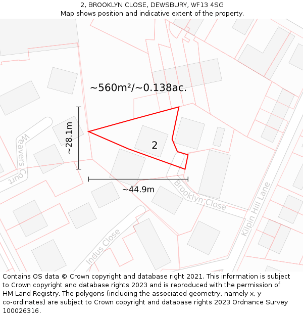 2, BROOKLYN CLOSE, DEWSBURY, WF13 4SG: Plot and title map