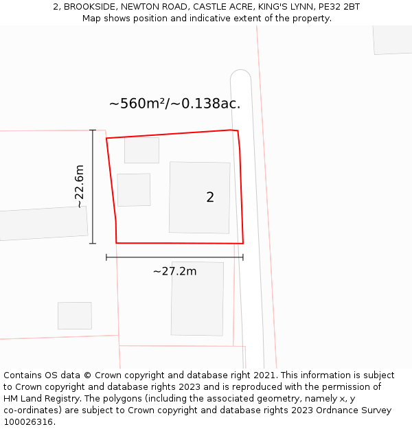 2, BROOKSIDE, NEWTON ROAD, CASTLE ACRE, KING'S LYNN, PE32 2BT: Plot and title map