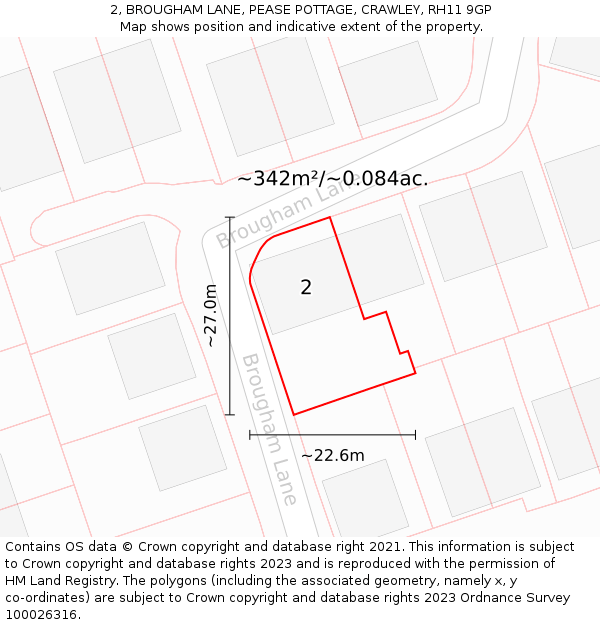 2, BROUGHAM LANE, PEASE POTTAGE, CRAWLEY, RH11 9GP: Plot and title map