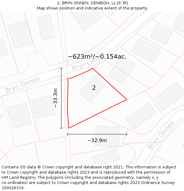 2, BRYN ONNEN, DENBIGH, LL16 3PJ: Plot and title map