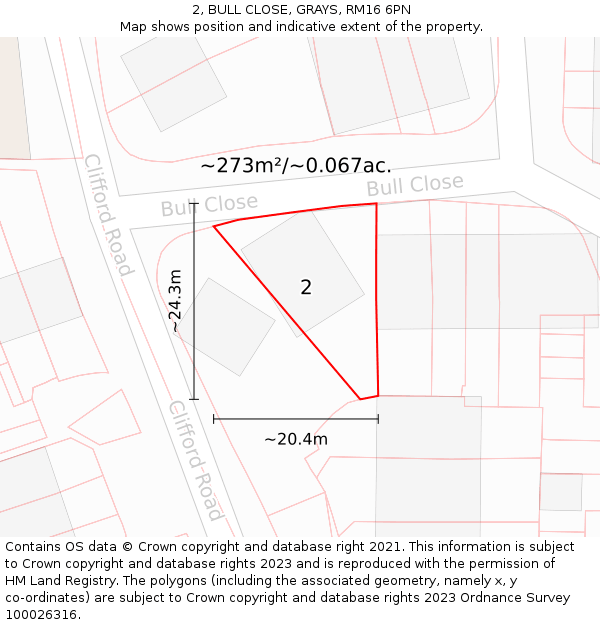 2, BULL CLOSE, GRAYS, RM16 6PN: Plot and title map