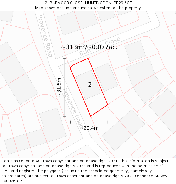 2, BURMOOR CLOSE, HUNTINGDON, PE29 6GE: Plot and title map