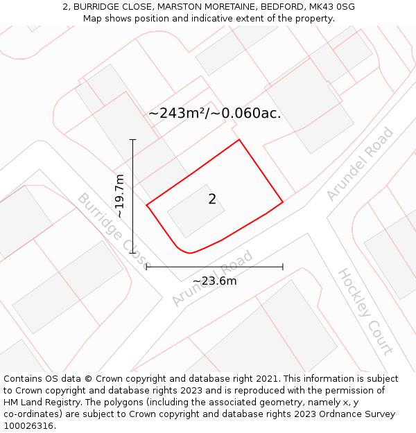 2, BURRIDGE CLOSE, MARSTON MORETAINE, BEDFORD, MK43 0SG: Plot and title map