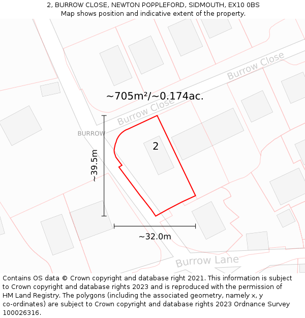 2, BURROW CLOSE, NEWTON POPPLEFORD, SIDMOUTH, EX10 0BS: Plot and title map