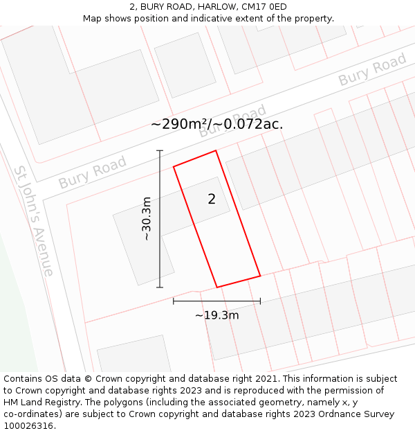 2, BURY ROAD, HARLOW, CM17 0ED: Plot and title map