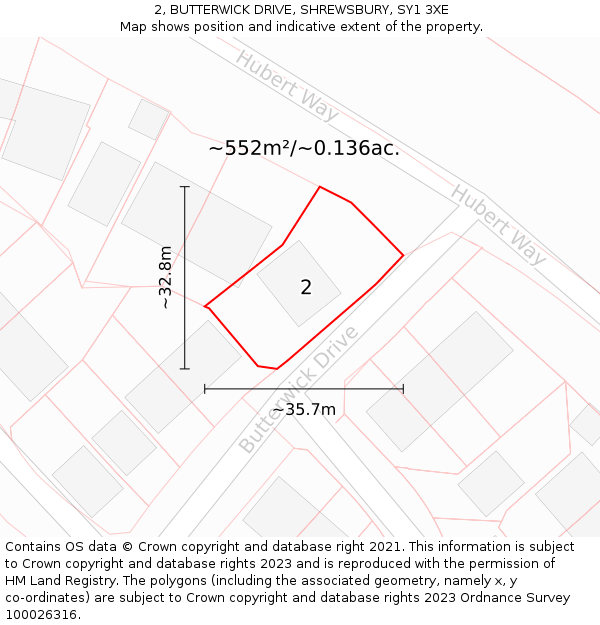 2, BUTTERWICK DRIVE, SHREWSBURY, SY1 3XE: Plot and title map