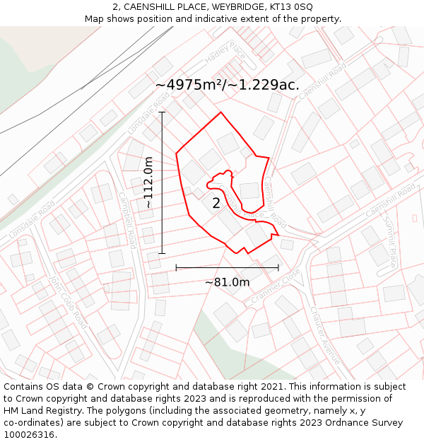 2, CAENSHILL PLACE, WEYBRIDGE, KT13 0SQ: Plot and title map
