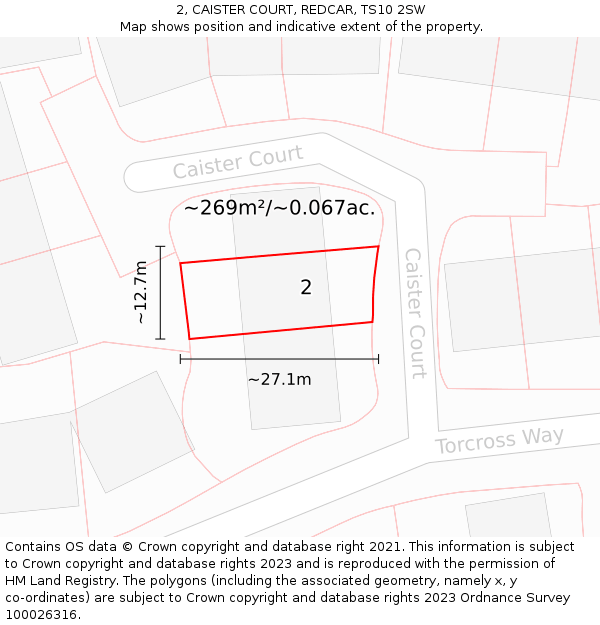 2, CAISTER COURT, REDCAR, TS10 2SW: Plot and title map