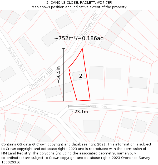 2, CANONS CLOSE, RADLETT, WD7 7ER: Plot and title map