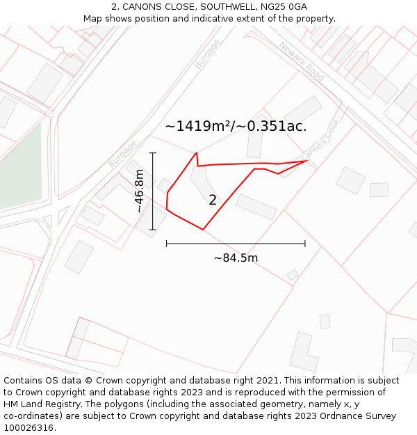 2, CANONS CLOSE, SOUTHWELL, NG25 0GA: Plot and title map