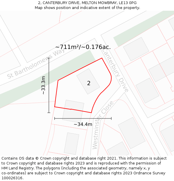 2, CANTERBURY DRIVE, MELTON MOWBRAY, LE13 0PG: Plot and title map