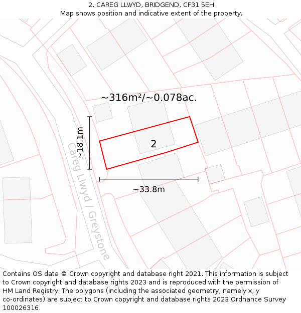 2, CAREG LLWYD, BRIDGEND, CF31 5EH: Plot and title map