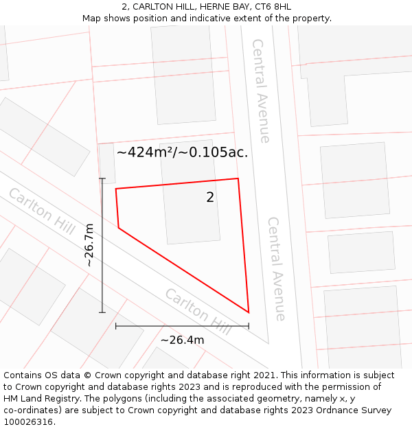 2, CARLTON HILL, HERNE BAY, CT6 8HL: Plot and title map