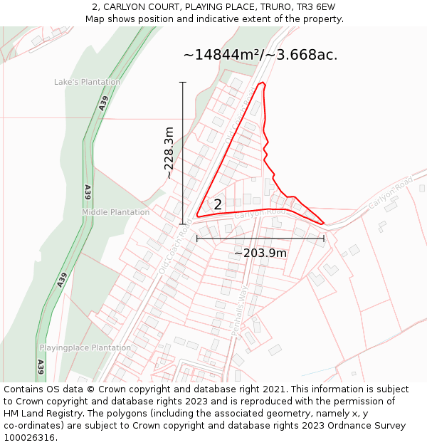2, CARLYON COURT, PLAYING PLACE, TRURO, TR3 6EW: Plot and title map