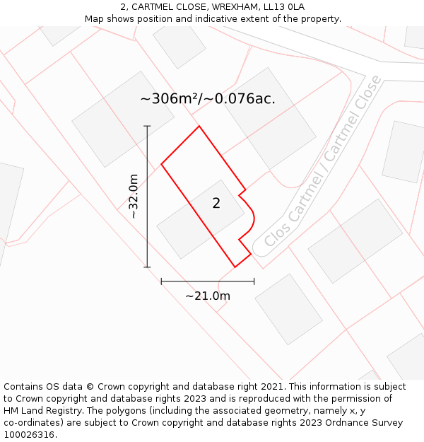 2, CARTMEL CLOSE, WREXHAM, LL13 0LA: Plot and title map