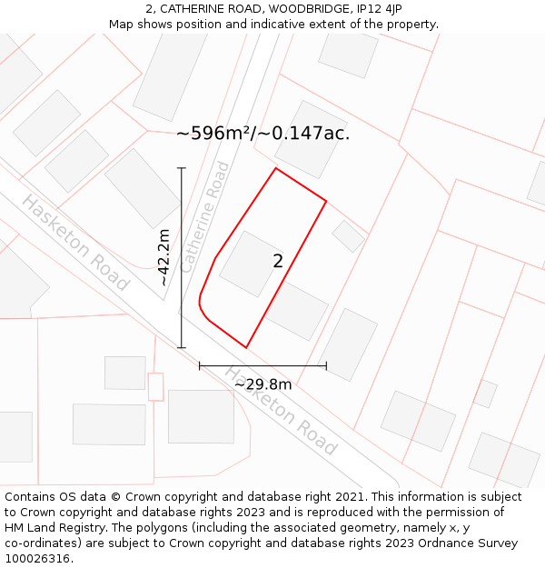 2, CATHERINE ROAD, WOODBRIDGE, IP12 4JP: Plot and title map