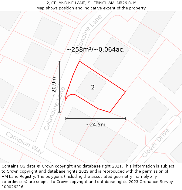 2, CELANDINE LANE, SHERINGHAM, NR26 8UY: Plot and title map