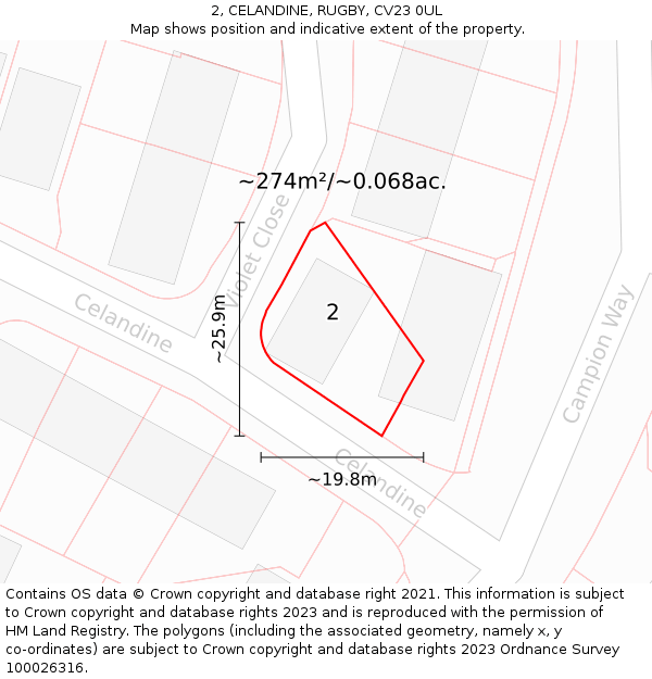 2, CELANDINE, RUGBY, CV23 0UL: Plot and title map