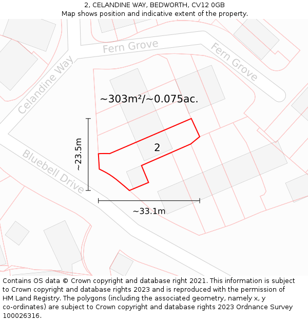 2, CELANDINE WAY, BEDWORTH, CV12 0GB: Plot and title map