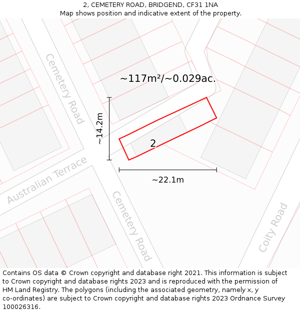 2, CEMETERY ROAD, BRIDGEND, CF31 1NA: Plot and title map