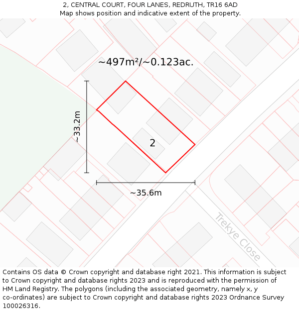 2, CENTRAL COURT, FOUR LANES, REDRUTH, TR16 6AD: Plot and title map