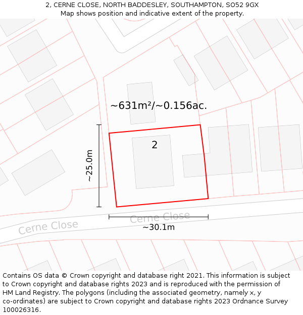 2, CERNE CLOSE, NORTH BADDESLEY, SOUTHAMPTON, SO52 9GX: Plot and title map