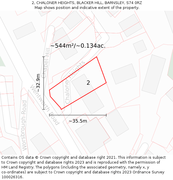 2, CHALONER HEIGHTS, BLACKER HILL, BARNSLEY, S74 0RZ: Plot and title map