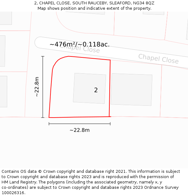 2, CHAPEL CLOSE, SOUTH RAUCEBY, SLEAFORD, NG34 8QZ: Plot and title map