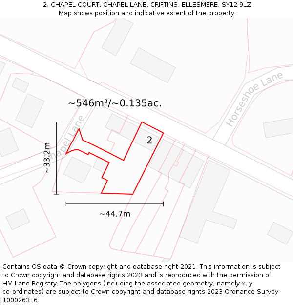 2, CHAPEL COURT, CHAPEL LANE, CRIFTINS, ELLESMERE, SY12 9LZ: Plot and title map