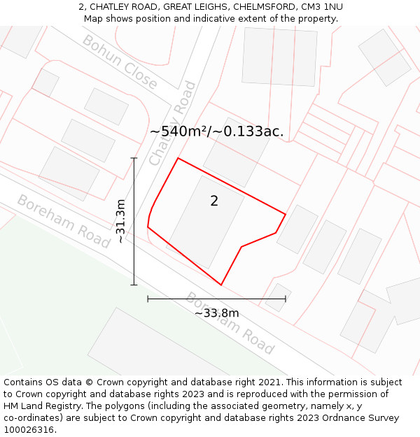 2, CHATLEY ROAD, GREAT LEIGHS, CHELMSFORD, CM3 1NU: Plot and title map