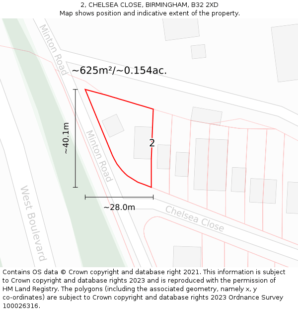 2, CHELSEA CLOSE, BIRMINGHAM, B32 2XD: Plot and title map