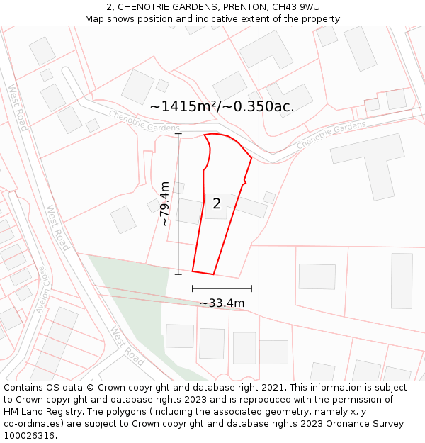 2, CHENOTRIE GARDENS, PRENTON, CH43 9WU: Plot and title map