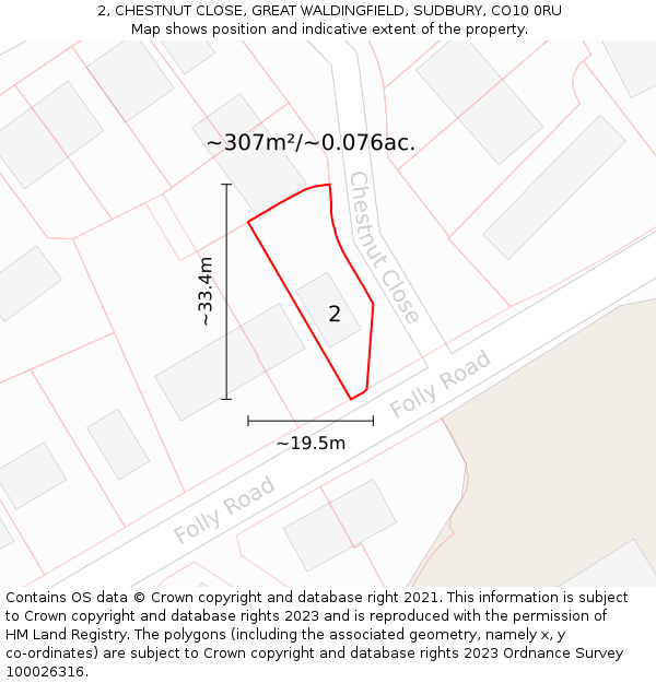 2, CHESTNUT CLOSE, GREAT WALDINGFIELD, SUDBURY, CO10 0RU: Plot and title map