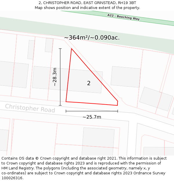 2, CHRISTOPHER ROAD, EAST GRINSTEAD, RH19 3BT: Plot and title map