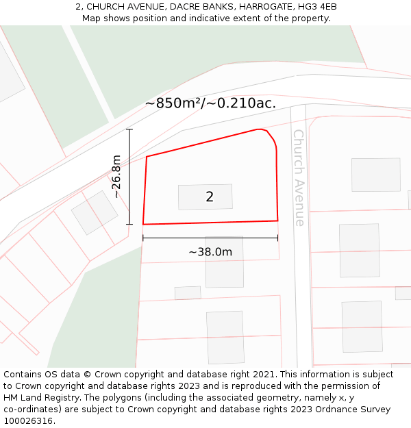 2, CHURCH AVENUE, DACRE BANKS, HARROGATE, HG3 4EB: Plot and title map