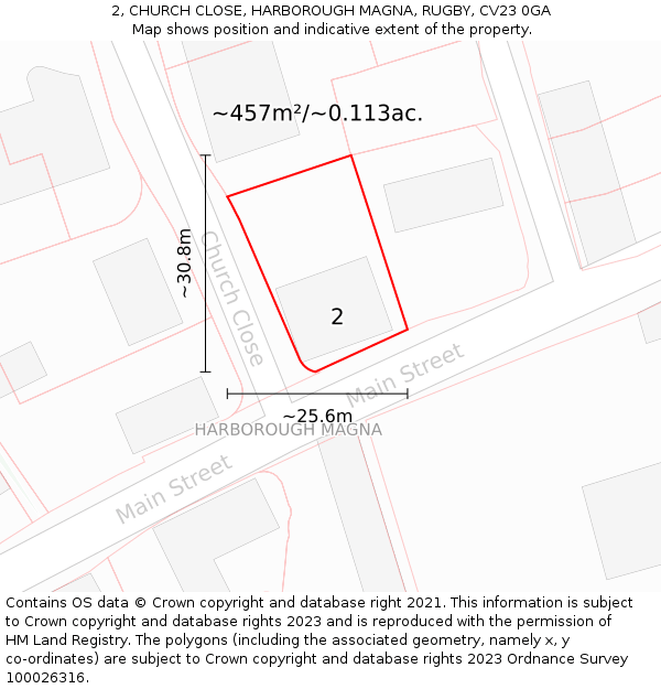 2, CHURCH CLOSE, HARBOROUGH MAGNA, RUGBY, CV23 0GA: Plot and title map